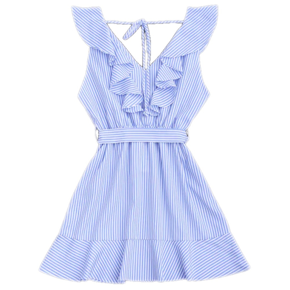 Ruffle Hem Blue and White Striped Sun Dress